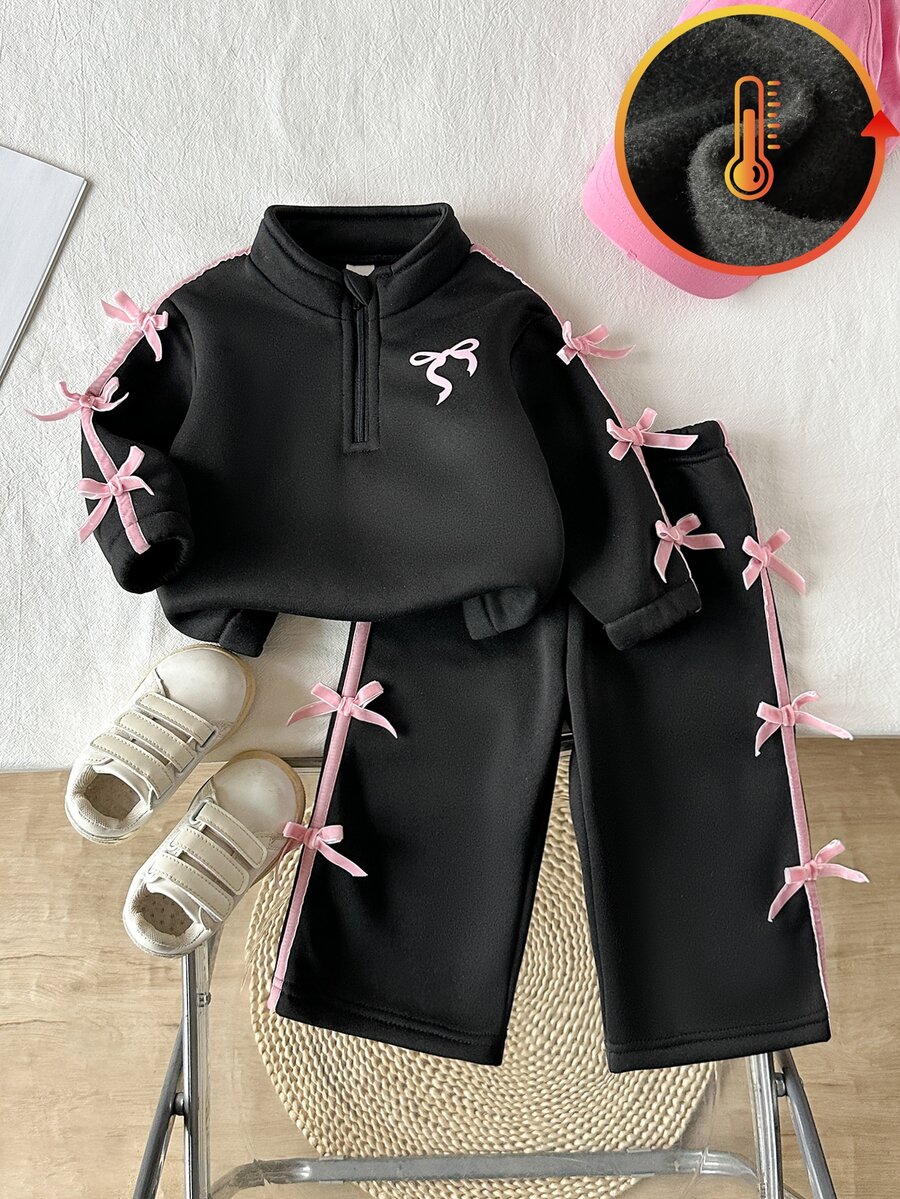 SHEIN 2件組幼女衛衣+長褲,可愛甜美黑粉配色,天鵝絨蝴蝶結緞帶條紋,長袖半拉鍊加厚款,秋季假日家庭親子套裝 - 藏蓝色 - 查看 1