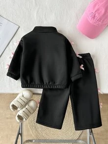 SHEIN 2件組幼女衛衣＋長褲，可愛甜美黑粉配色，天鵝絨蝴蝶結緞帶條紋，長袖半拉鍊加厚款，秋季假日家庭親子套裝 - 藏蓝色 - 查看 2