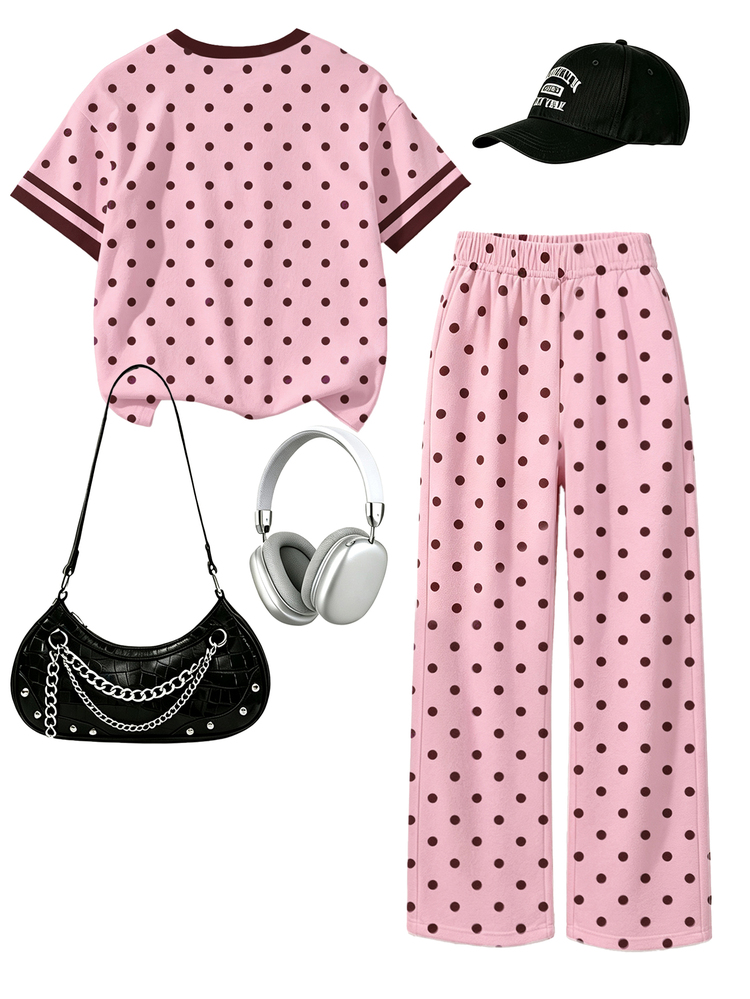 (1 Set) Autumn Girls Toddler Fresh Minimalist Sword-Holding Pony Pink Beige Polka Dot & Stripe Pattern Short T-Shirt + Wide Leg Pants - Multicolor - View 2