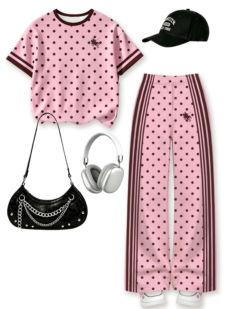 (1 Set) Autumn Girls Toddler Fresh Minimalist Sword-Holding Pony Pink Beige Polka Dot & Stripe Pattern Short T-Shirt + Wide Leg Pants - Multicolor - View 4