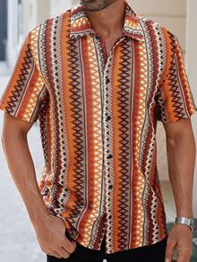 Genlund Men's Burnt Orange Summer Boho Holiday Vacation Short Sleeve Shirt,Multicolor Vertical Striped Crochet-Knit Textured Jacquard Button Casual Holiday - Multicolor - View 3