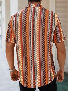Genlund Men's Burnt Orange Summer Boho Holiday Vacation Short Sleeve Shirt,Multicolor Vertical Striped Crochet-Knit Textured Jacquard Button Casual Holiday - Multicolor - View 2
