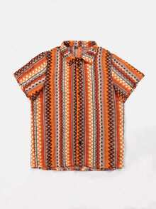 Genlund Men's Burnt Orange Summer Boho Holiday Vacation Short Sleeve Shirt,Multicolor Vertical Striped Crochet-Knit Textured Jacquard Button Casual Holiday - Multicolor - View 5