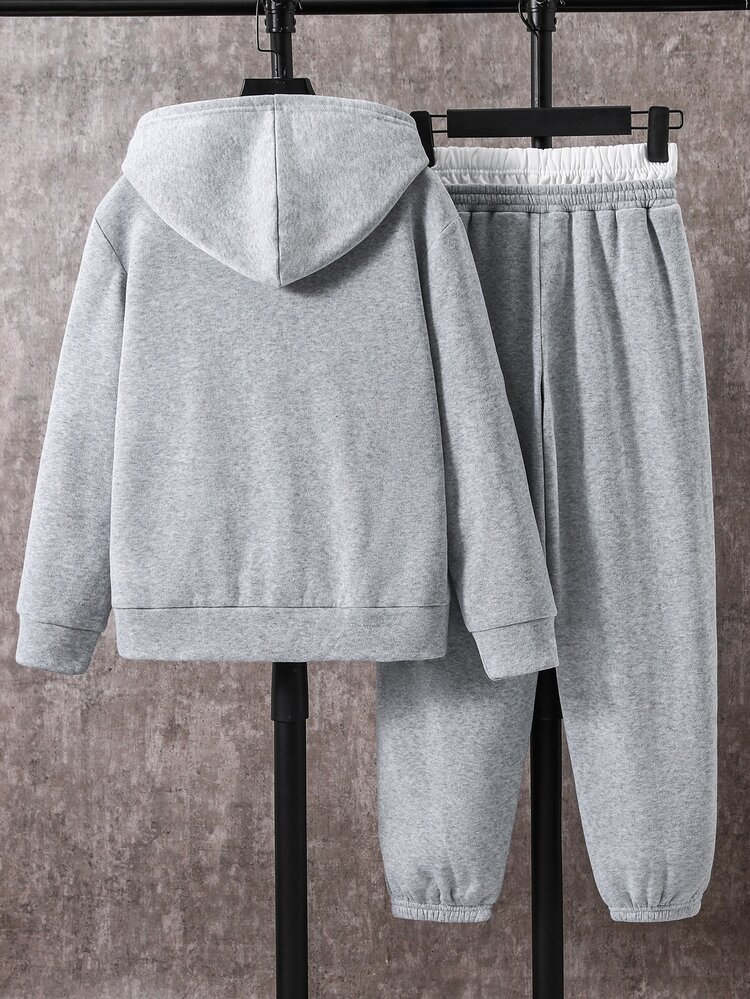 SHEIN 2pcs/Set Kids Tween Boy Casual Large Letter Graphic Hoodie & Sweatpants Set, Heather Grey, Suitable For Autumn/Winter, Family Gathering, Back To School, Sports, Play, Birthday Party, Photo, Vacation, Holiday - Grey - View 7