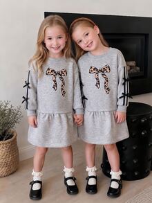 Genkimix Young Girls Leopard Bowknot Sweatshirt Dress, Ribbon Bows Ruffle Hem Casual Dress, Cute Gray Long Sleeve Pullover Tunic - Grey - View 3