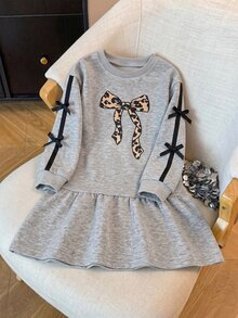 Genkimix Young Girls Leopard Bowknot Sweatshirt Dress, Ribbon Bows Ruffle Hem Casual Dress, Cute Gray Long Sleeve Pullover Tunic - Grey - View 1