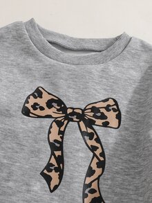 Genkimix Young Girls Leopard Bowknot Sweatshirt Dress, Ribbon Bows Ruffle Hem Casual Dress, Cute Gray Long Sleeve Pullover Tunic - Grey - View 5