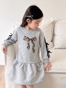 Genkimix Young Girls Leopard Bowknot Sweatshirt Dress, Ribbon Bows Ruffle Hem Casual Dress, Cute Gray Long Sleeve Pullover Tunic - Grey - View 9