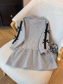 Genkimix Young Girls Leopard Bowknot Sweatshirt Dress, Ribbon Bows Ruffle Hem Casual Dress, Cute Gray Long Sleeve Pullover Tunic - Grey - View 2