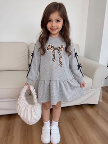 Genkimix Young Girls Leopard Bowknot Sweatshirt Dress, Ribbon Bows Ruffle Hem Casual Dress, Cute Gray Long Sleeve Pullover Tunic - Grey - View 4