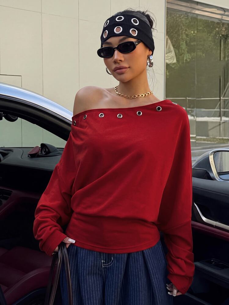 Muchica Dark Red Women's New Asymmetric Neck Neckline Eyelet Design Waist-Cinching Sweatshirt Everyday Autumn Street - Burgundy - View 6