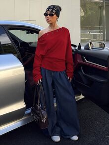 Muchica 深紅色女款新款不對稱領口鏤空設計收腰運動衫，日常秋季街頭風 - 酒紅色 - 查看 3