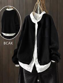 Linhara Plus Size Women's Solid Color Round Neck Pocket Knitted Cardigan Loose Drop Shoulder Long Sleeve Single-Breasted Sweater Jacket Slouchy Thick Flattering Versatile Casual Layering Top For Spring And Autumn - Black - View 1