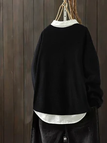 Linhara Plus Size Women's Solid Color Round Neck Pocket Knitted Cardigan Loose Drop Shoulder Long Sleeve Single-Breasted Sweater Jacket Slouchy Thick Flattering Versatile Casual Layering Top For Spring And Autumn - Black - View 2