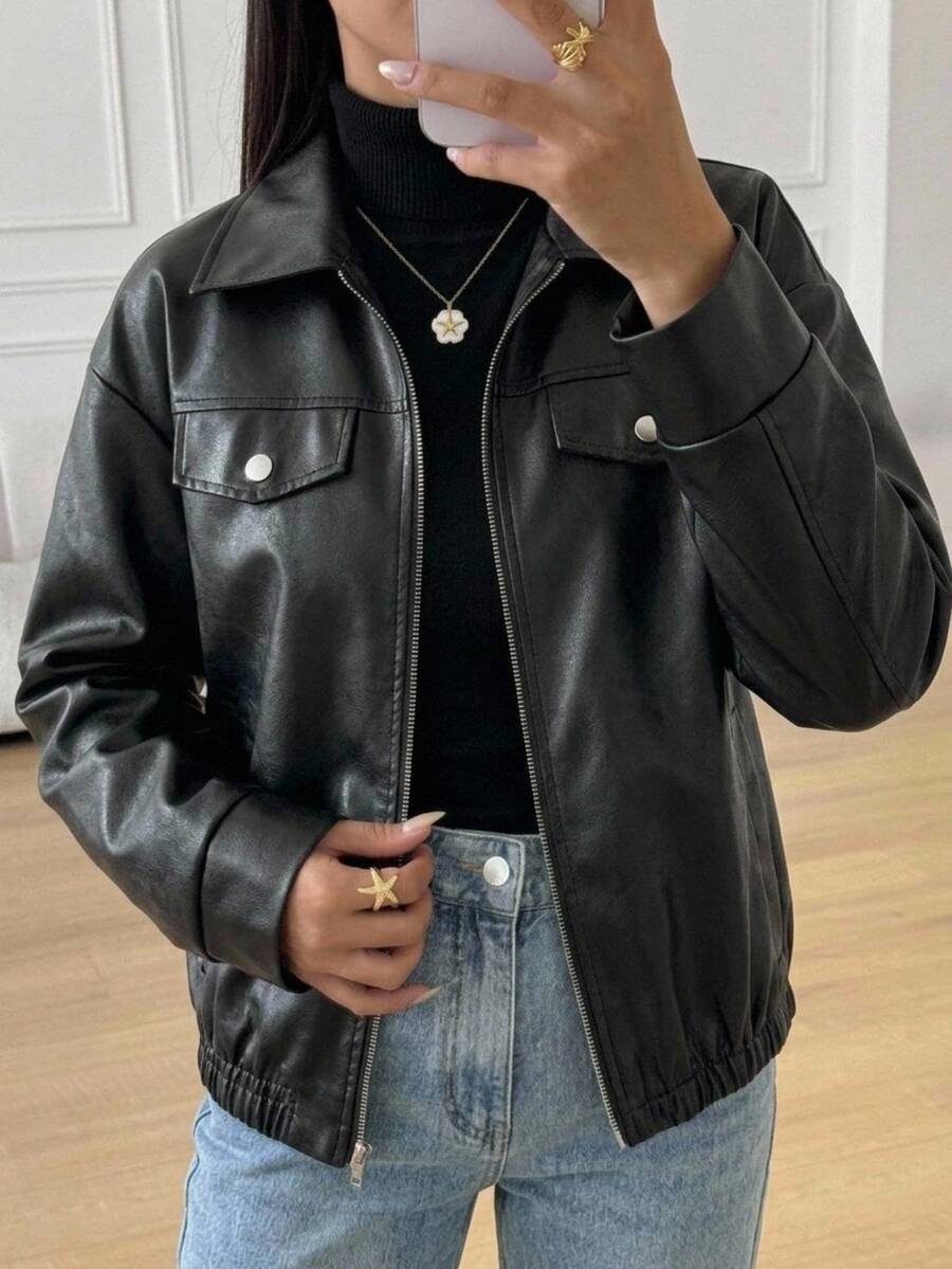 SHEIN 青少年女孩童裝秋冬黑色翻領純色PU皮革短版休閒夾克,酷帥街頭風運動騎行拉鍊外套,百搭開學穿搭 - 黑色 - 查看 1