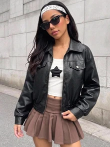 SHEIN 青少年女孩童裝秋冬黑色翻領純色PU皮革短版休閒夾克，酷帥街頭風運動騎行拉鍊外套，百搭開學穿搭 - 黑色 - 查看 8