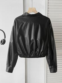 SHEIN 青少年女孩童裝秋冬黑色翻領純色PU皮革短版休閒夾克，酷帥街頭風運動騎行拉鍊外套，百搭開學穿搭 - 黑色 - 查看 4
