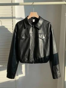 SHEIN 青少年女孩童裝秋冬黑色翻領純色PU皮革短版休閒夾克，酷帥街頭風運動騎行拉鍊外套，百搭開學穿搭 - 黑色 - 查看 6