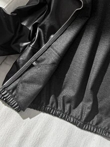 SHEIN 青少年女孩童裝秋冬黑色翻領純色PU皮革短版休閒夾克，酷帥街頭風運動騎行拉鍊外套，百搭開學穿搭 - 黑色 - 查看 9
