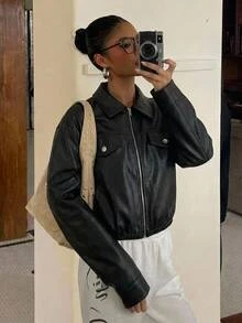 SHEIN 青少年女孩童裝秋冬黑色翻領純色PU皮革短版休閒夾克，酷帥街頭風運動騎行拉鍊外套，百搭開學穿搭 - 黑色 - 查看 3