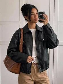 SHEIN 青少年女孩童裝秋冬黑色翻領純色PU皮革短版休閒夾克，酷帥街頭風運動騎行拉鍊外套，百搭開學穿搭 - 黑色 - 查看 2