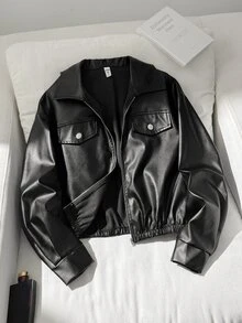 SHEIN 青少年女孩童裝秋冬黑色翻領純色PU皮革短版休閒夾克，酷帥街頭風運動騎行拉鍊外套，百搭開學穿搭 - 黑色 - 查看 7