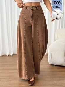 SHEIN PETITE Women's High Waist Curved Leg Wide Leg Loose Casual Long Pants - Brown - View 4