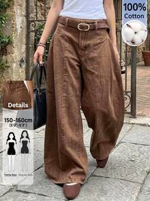SHEIN PETITE Women's High Waist Curved Leg Wide Leg Loose Casual Long Pants - Brown - View 15