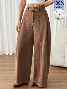 SHEIN PETITE Women's High Waist Curved Leg Wide Leg Loose Casual Long Pants - Brown - View 5