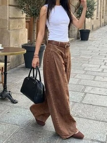 SHEIN PETITE Women's High Waist Curved Leg Wide Leg Loose Casual Long Pants - Brown - View 12