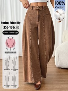 SHEIN PETITE Women's High Waist Curved Leg Wide Leg Loose Casual Long Pants - Brown - View 8