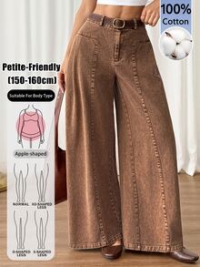 SHEIN PETITE Women's High Waist Curved Leg Wide Leg Loose Casual Long Pants - Brown - View 11