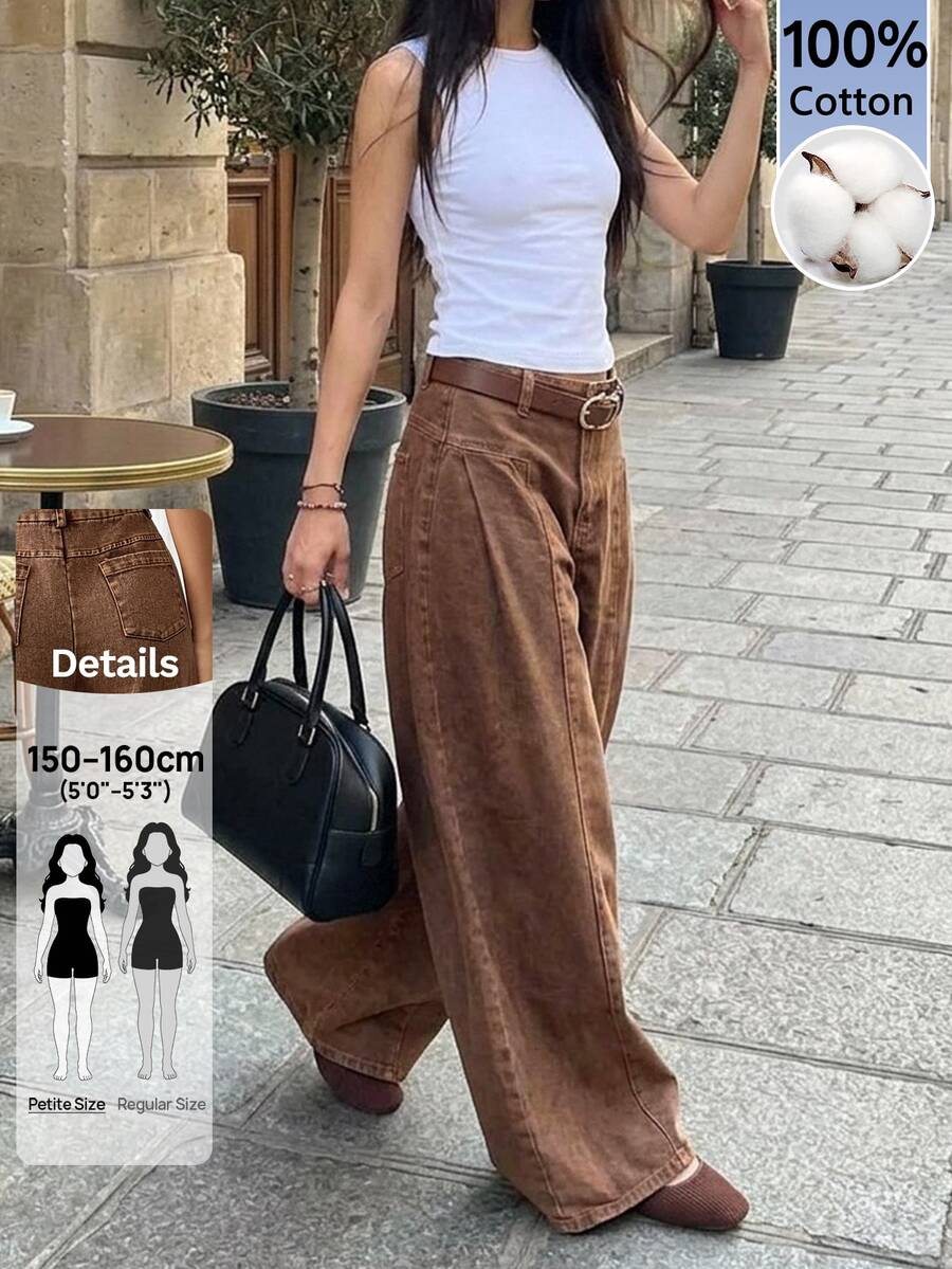 SHEIN PETITE Women's High Waist Curved Leg Wide Leg Loose Casual Long Pants - Brown - View 1