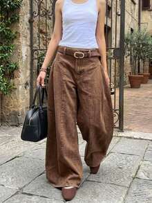 SHEIN PETITE Women's High Waist Curved Leg Wide Leg Loose Casual Long Pants - Brown - View 13