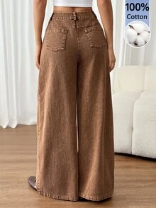 SHEIN PETITE Women's High Waist Curved Leg Wide Leg Loose Casual Long Pants - Brown - View 2
