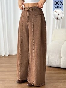 SHEIN PETITE Women's High Waist Curved Leg Wide Leg Loose Casual Long Pants - Brown - View 3
