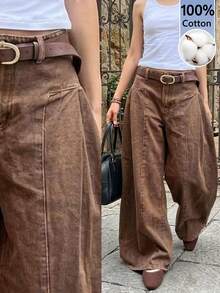 SHEIN PETITE Women's High Waist Curved Leg Wide Leg Loose Casual Long Pants - Brown - View 16