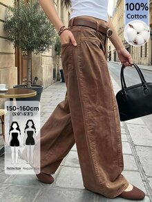 SHEIN PETITE Women's High Waist Curved Leg Wide Leg Loose Casual Long Pants - Brown - View 14