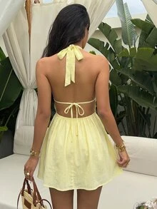 Sunnyshic 女款春夏杏色深V掛脖綁帶露背A字迷你洋裝，優雅可愛浪漫，適合度假、海灘、購物、約會與日常穿著 - 黃色 - 查看 3