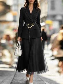 Franclia Women's Solid Color Lapel Collar Long Sleeve Blazer And Pleated Mini Skirt Elegant Suit Set, Spring Autumn Fall Cloth For Women - Black - View 3