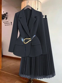 Franclia Women's Solid Color Lapel Collar Long Sleeve Blazer And Pleated Mini Skirt Elegant Suit Set, Spring Autumn Fall Cloth For Women - Black - View 4