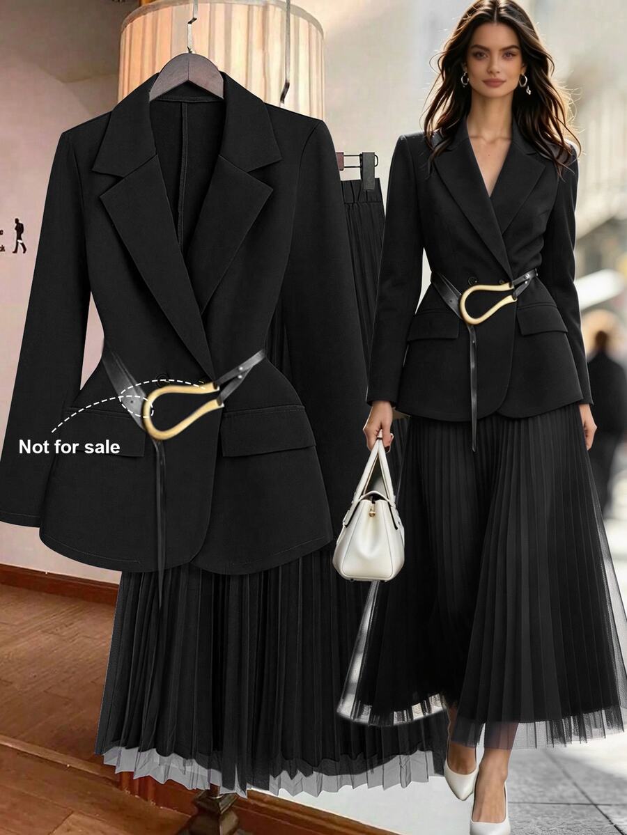 Franclia Women's Solid Color Lapel Collar Long Sleeve Blazer And Pleated Mini Skirt Elegant Suit Set, Spring Autumn Fall Cloth For Women - Black - View 1