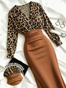 GlowEve CURVE Plus Size Women's Patchwork Leopard Print Long Sleeve Ruched Fitted Elegant Sexy Dress Autumn Party Night Tan - Brown - View 1