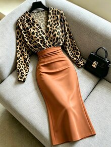 GlowEve CURVE Plus Size Women's Patchwork Leopard Print Long Sleeve Ruched Fitted Elegant Sexy Dress Autumn Party Night Tan - Brown - View 3