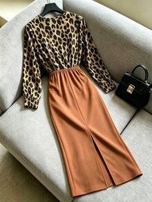 GlowEve CURVE Plus Size Women's Patchwork Leopard Print Long Sleeve Ruched Fitted Elegant Sexy Dress Autumn Party Night Tan - Brown - View 2