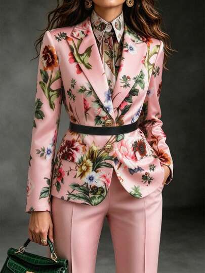 Balvessa Vintage Large Floral Print Satin Notch Lapel Single-Breasted Metal Decorative Button Long Sleeve Black Tie Waist Cinched Women's Blazer
