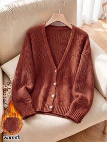Rusticease Cardigan Polos Model Drop Shoulder, Cocok untuk Sehari-hari, Sekolah, Warna Cokelat Karat, Musim Gugur, Kasual, Sederhana, untuk Hari Thanksgiving, dan Lainnya. - Coklat - View 3