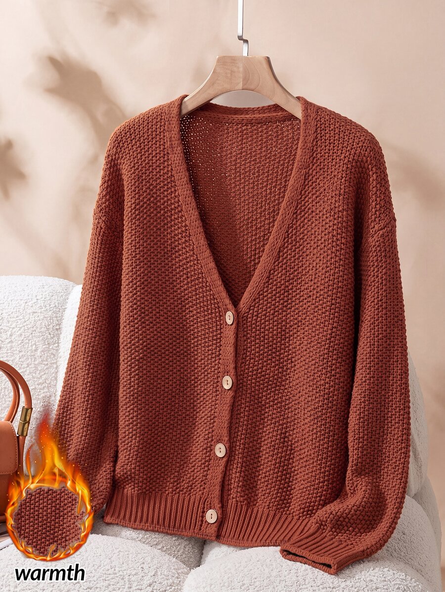 Rusticease Cardigan Polos Model Drop Shoulder, Cocok untuk Sehari-hari, Sekolah, Warna Cokelat Karat, Musim Gugur, Kasual, Sederhana, untuk Hari Thanksgiving, dan Lainnya. - Coklat - View 1