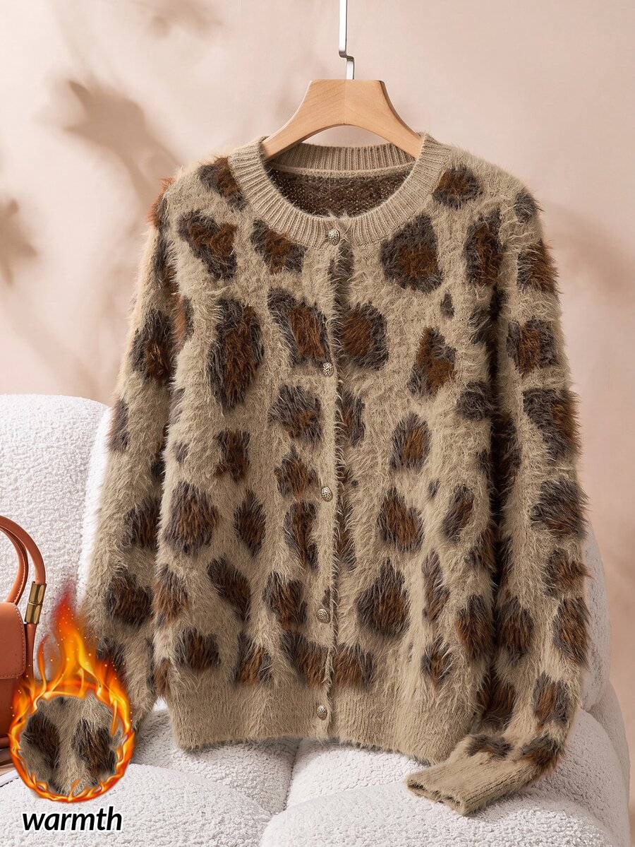 Rusticease Cardigan de punto esponjoso con estampado de leopardo - Multicolor - Ver 1