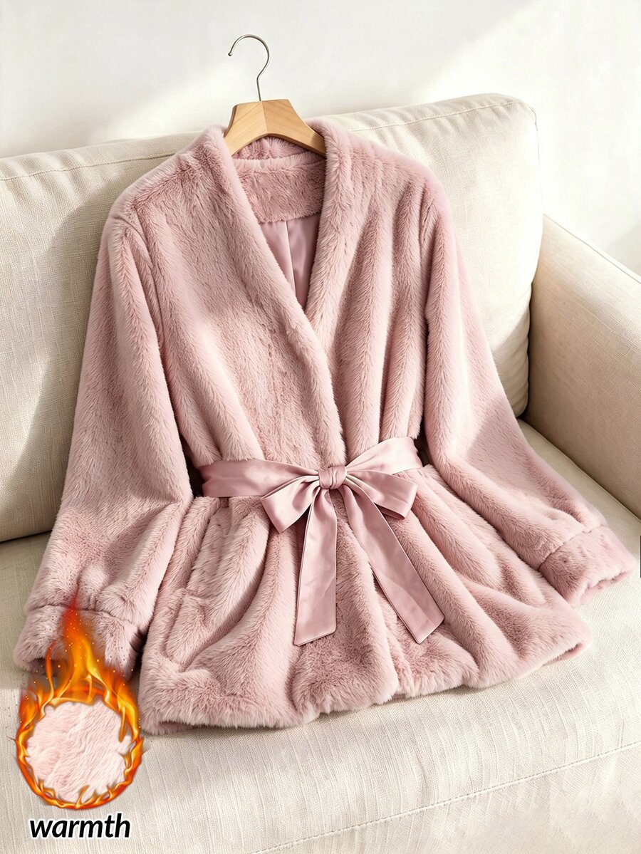 Rusticease Women's Elegant Solid Color Faux Fur Coat For Vacation Dinner Date Dusty Pink Winter - Pink - View 1